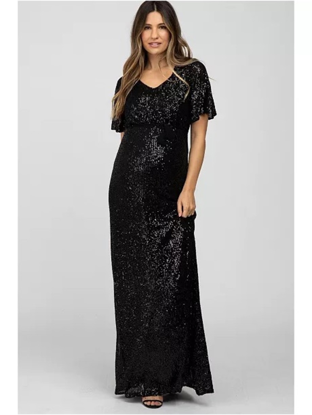 Pinkblush Black Sequin V-Neck Flutter Sleeve Maxi Dress